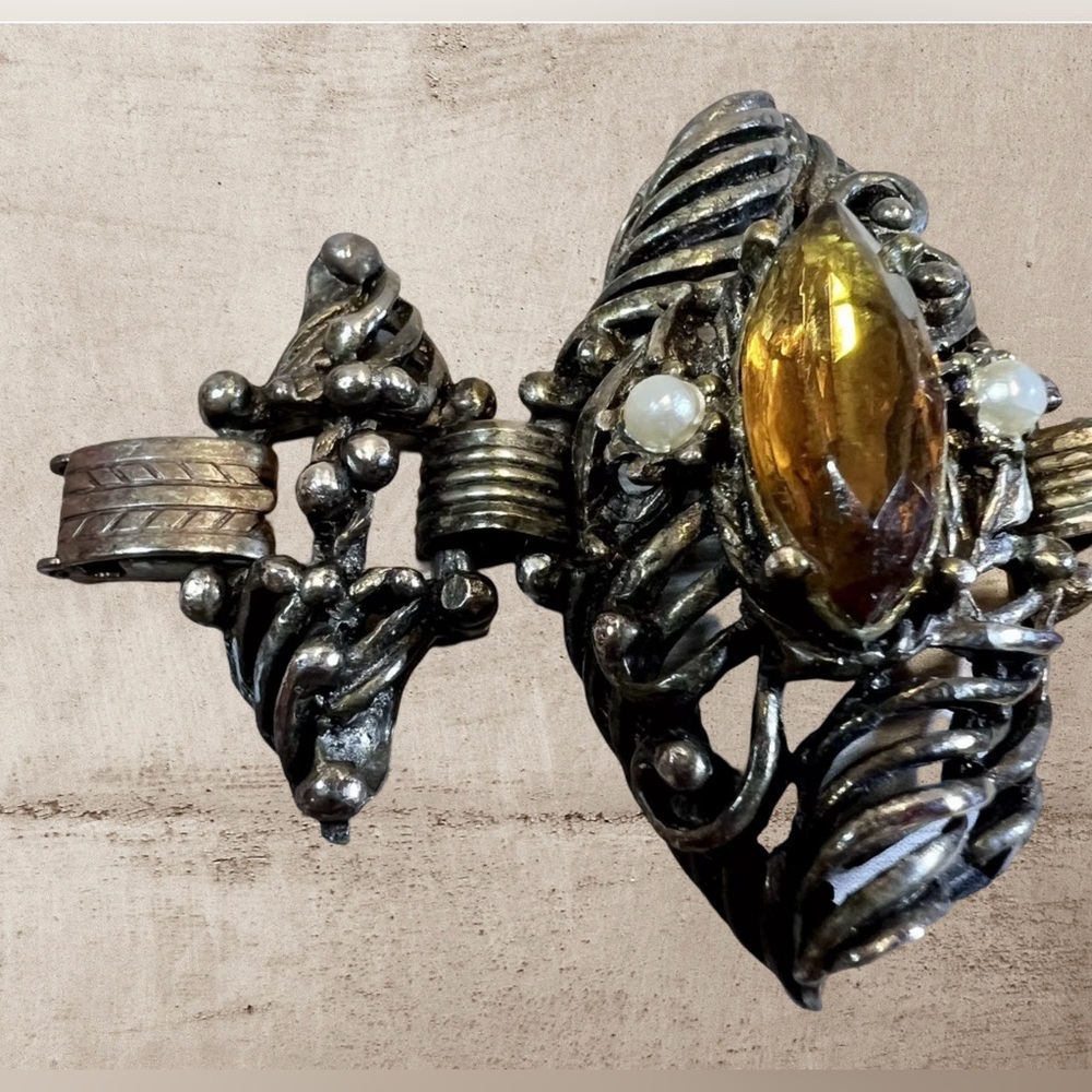 Heavy 7" Victorian Revival Unsigned Selro Bracelet With Amber Stones & Pearls - Picture 5 of 6